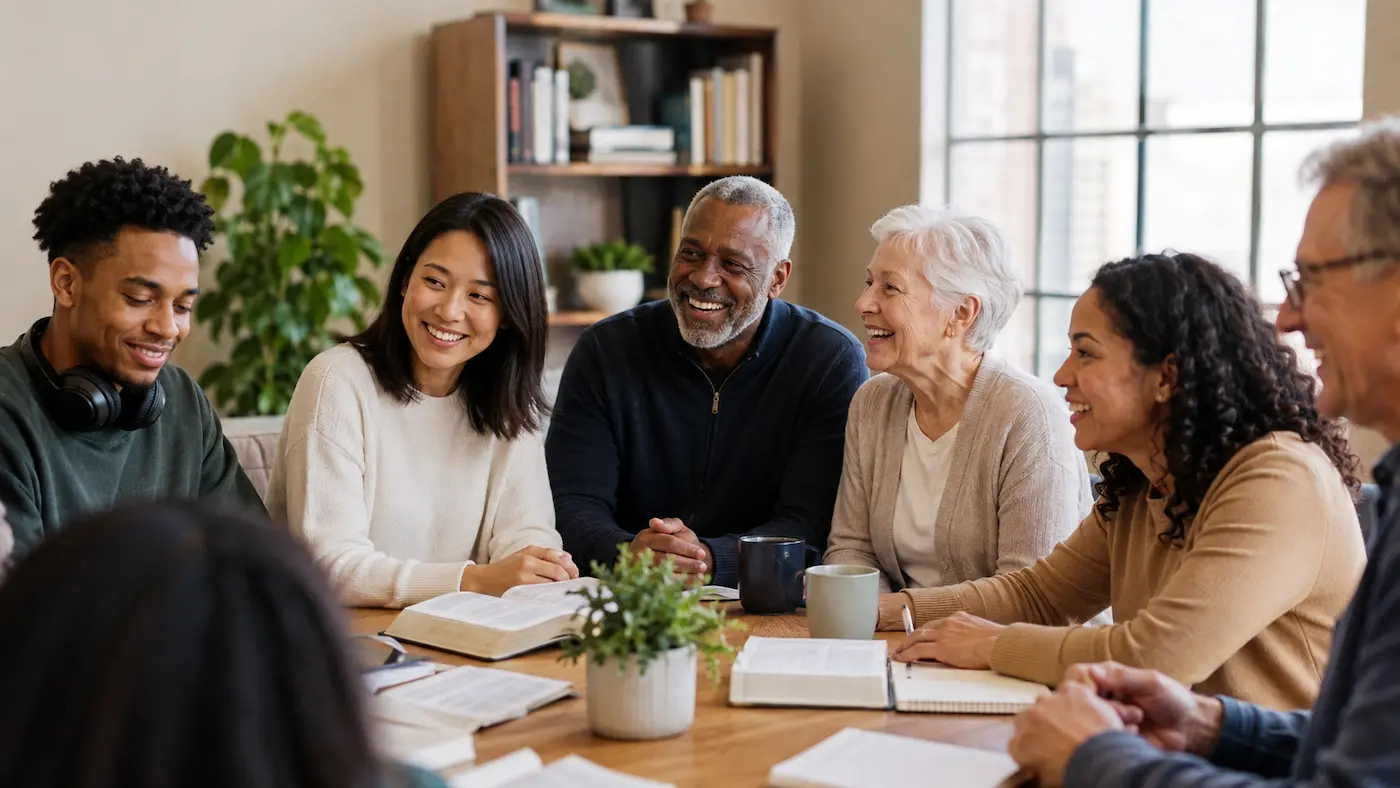 Friends of different ages gathering around a table